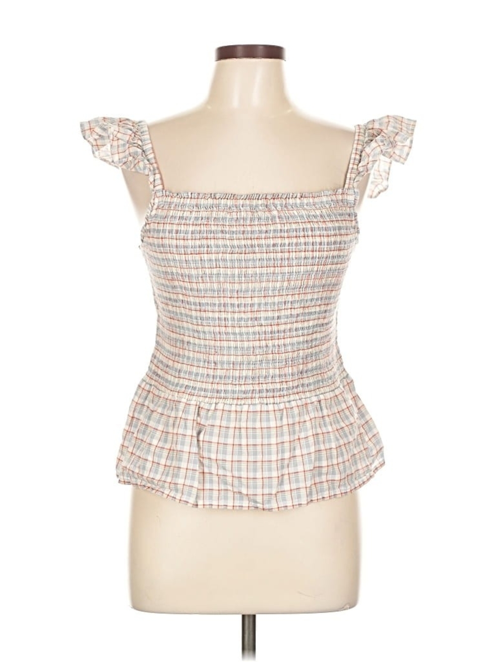 Madewell Beige Plaid Smocked Peplum Tank